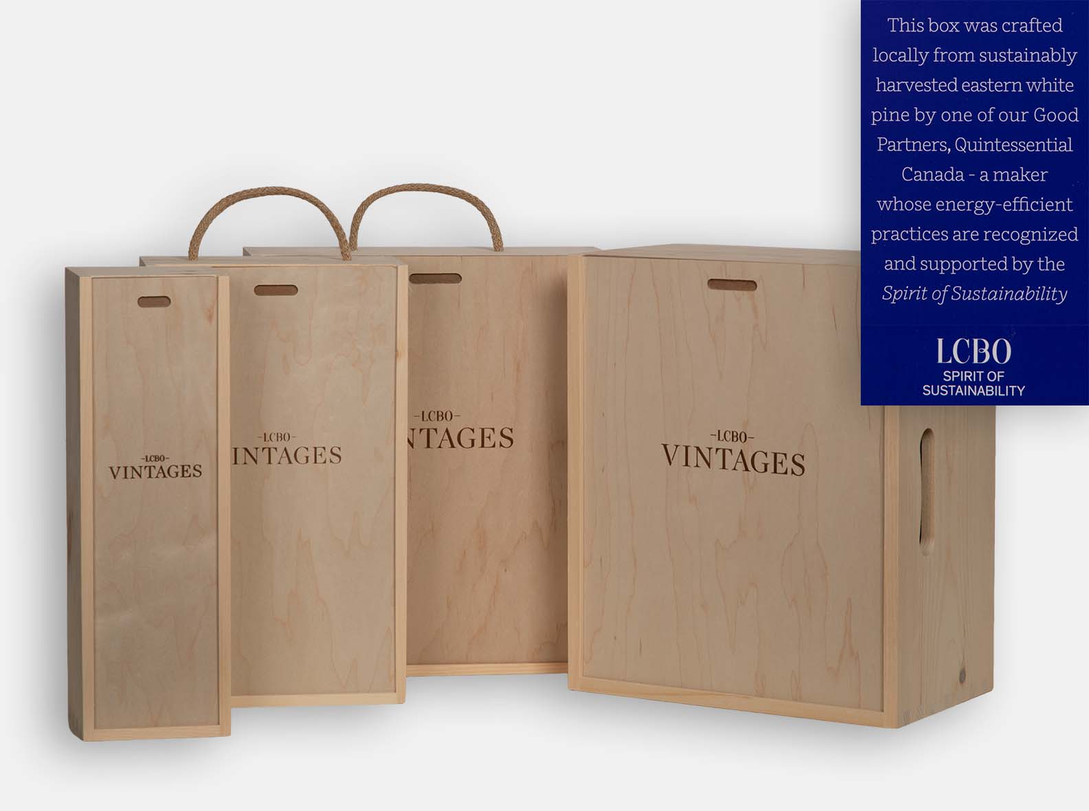 Since 2012 we have built the Single, Double, Triple and 6 bottle gift box program. Natural eastern white pine with wood imprint branding. CNC cut handles and Jute carry handles. Wood excelsior included. Box joint construction.