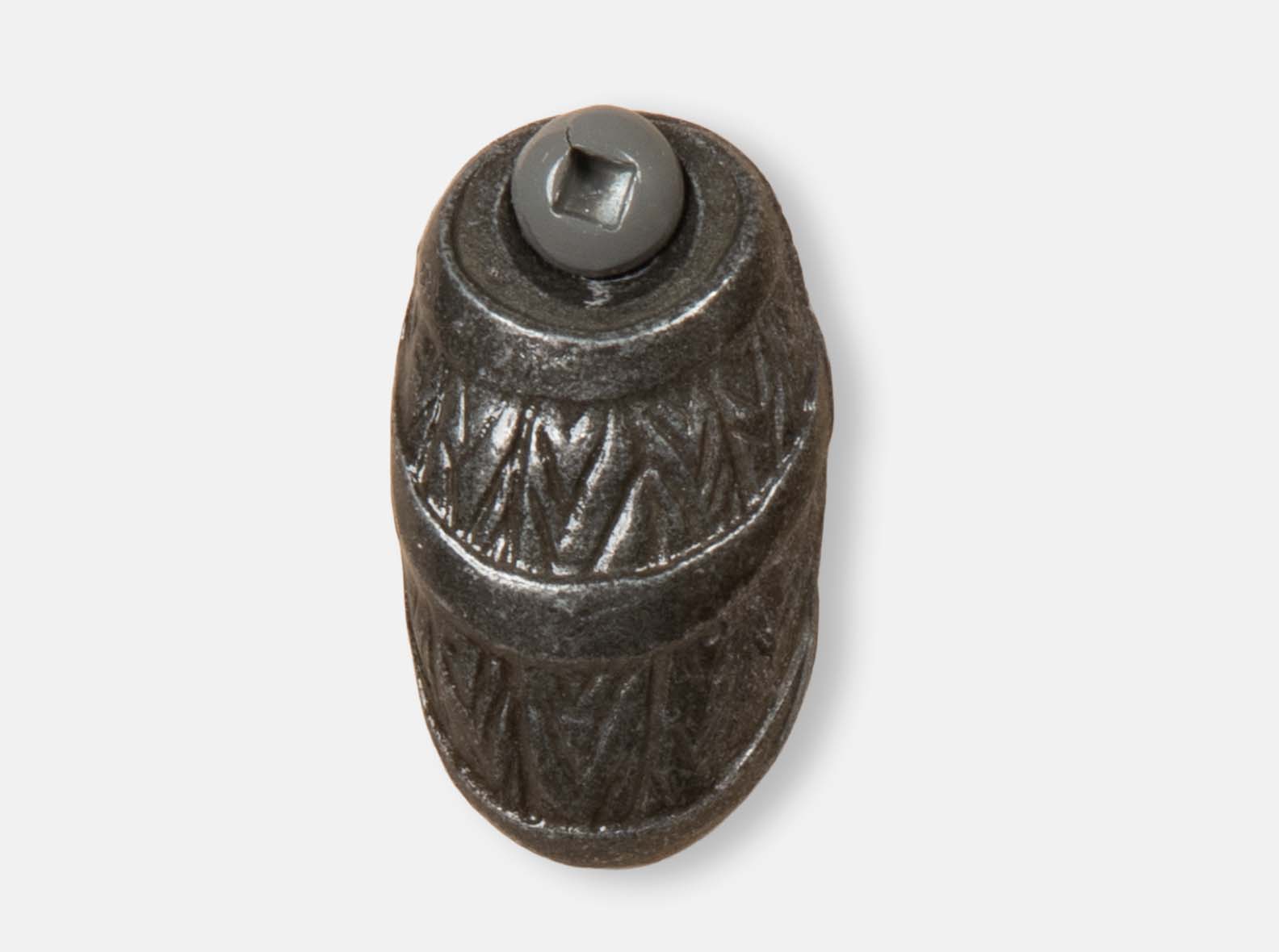 Pewter-finished barrel twist closure for inset lid wooden wine gift boxes.