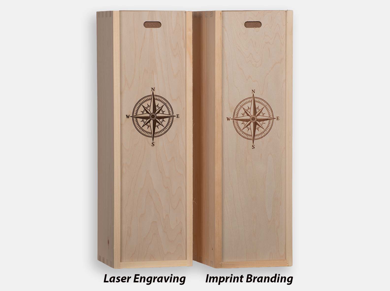 Imprint branding is created with a 20 ton heated press for a debase image which is generally for larger volume or repeat projects. Laser engraving is used for smaller, one time runs or on top of water based stain for a reverse image.