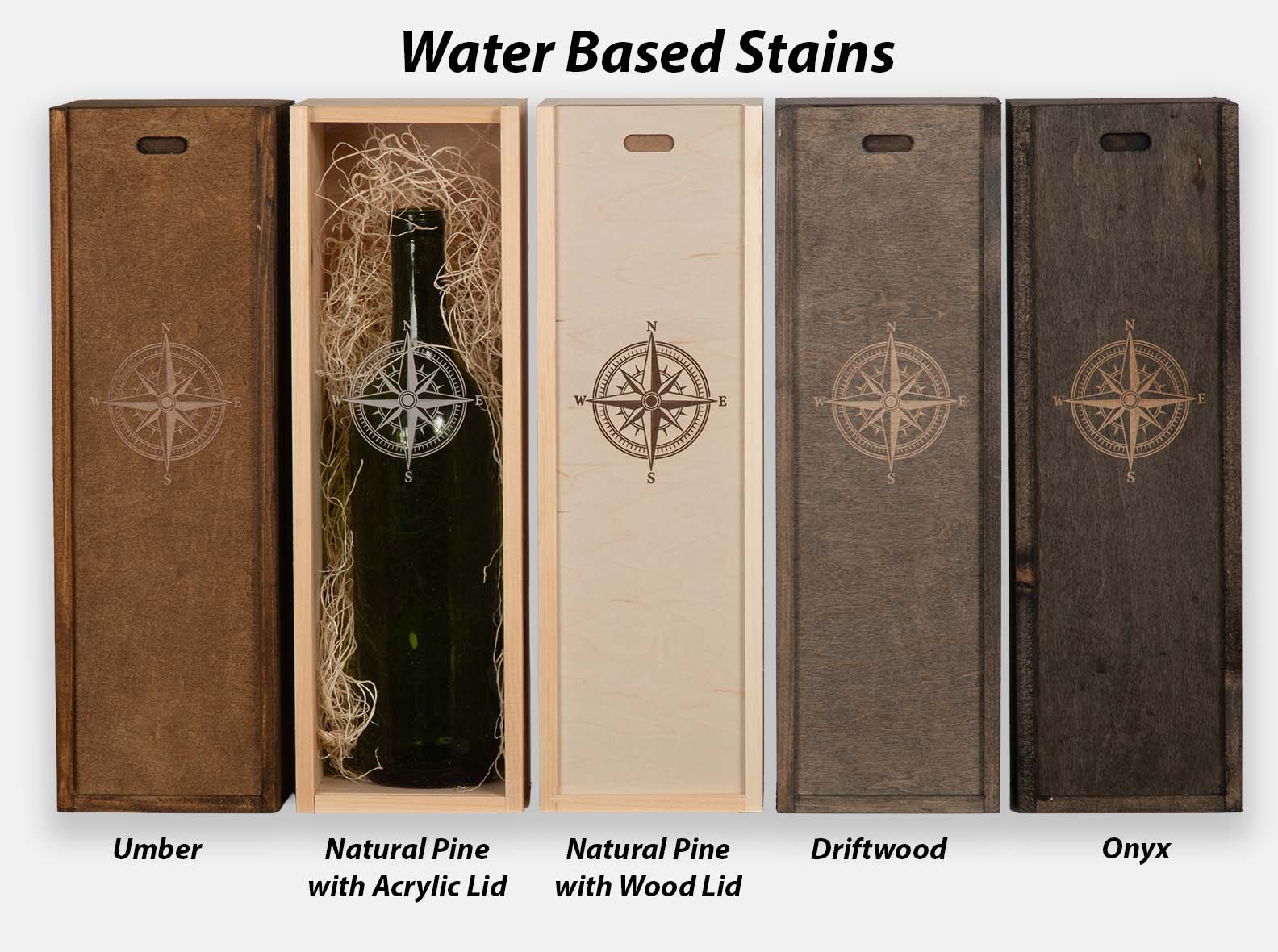 Single bottle sliding lid boxes with water based stains and laser engraved artwork. Box joint construction. Acrylic lid with laser engraved artwork. Wood excelsior included.