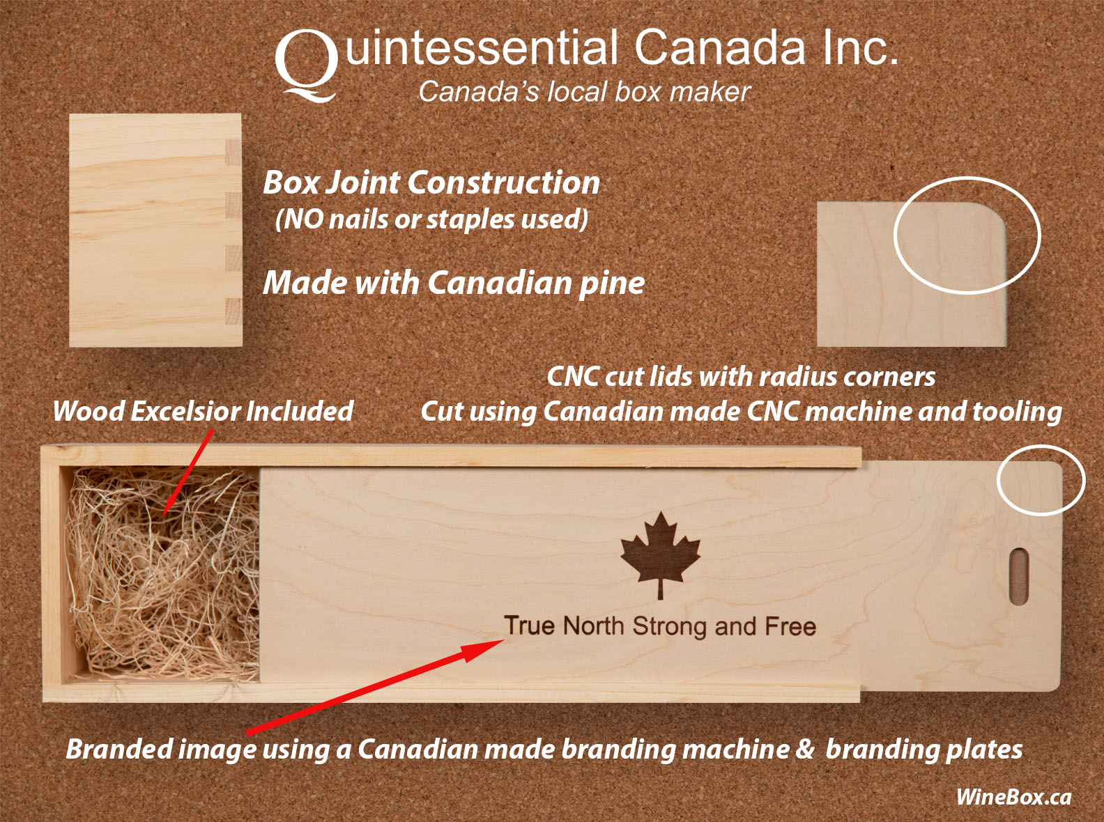 Sliding lid box with wood imprint branding and box joint construction. CNC cut corners on like. wood excelsior included. Made by Humans.