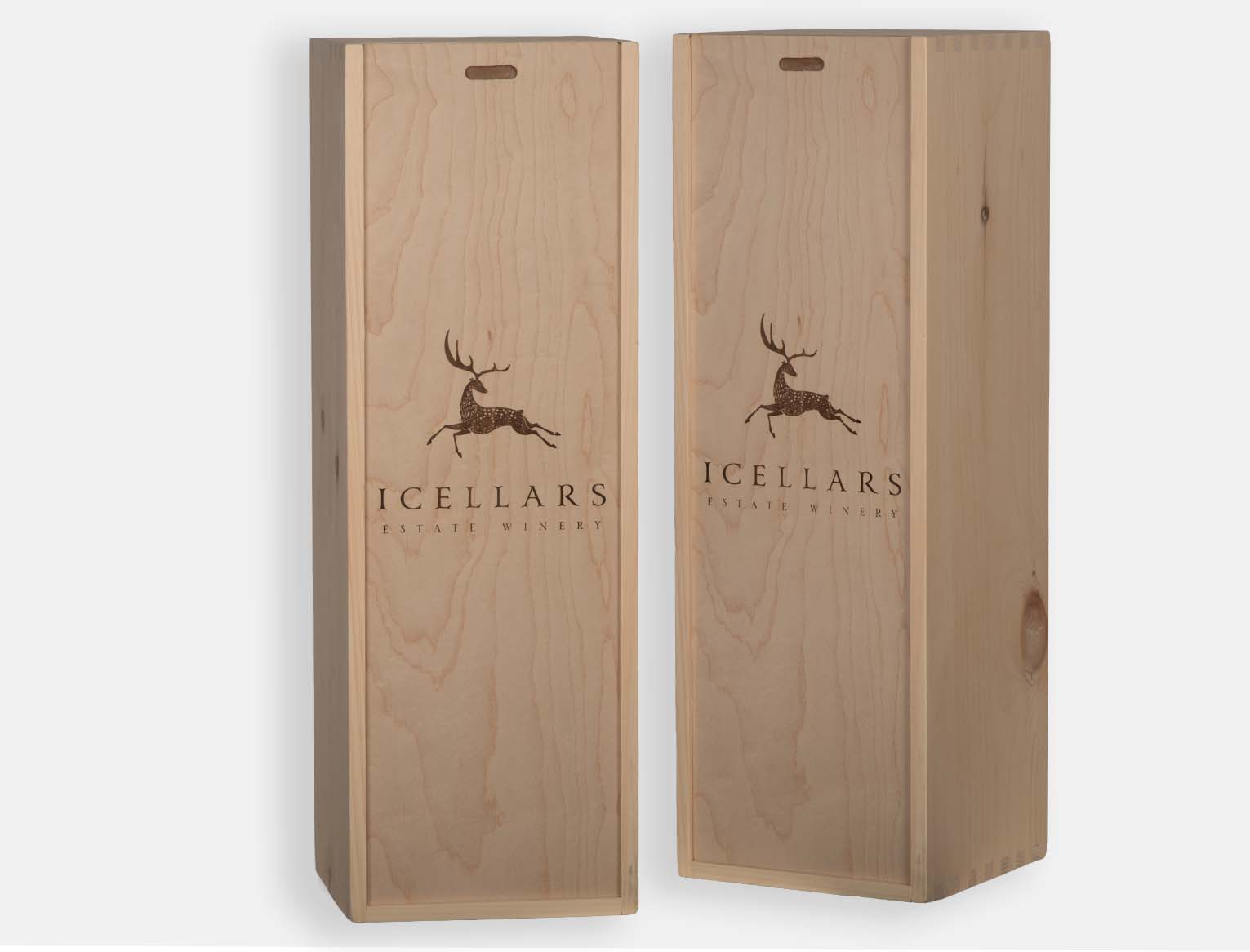Natural pine sliding lid box to hold 6L bottle. Box joint construction with laser engraved artwork.